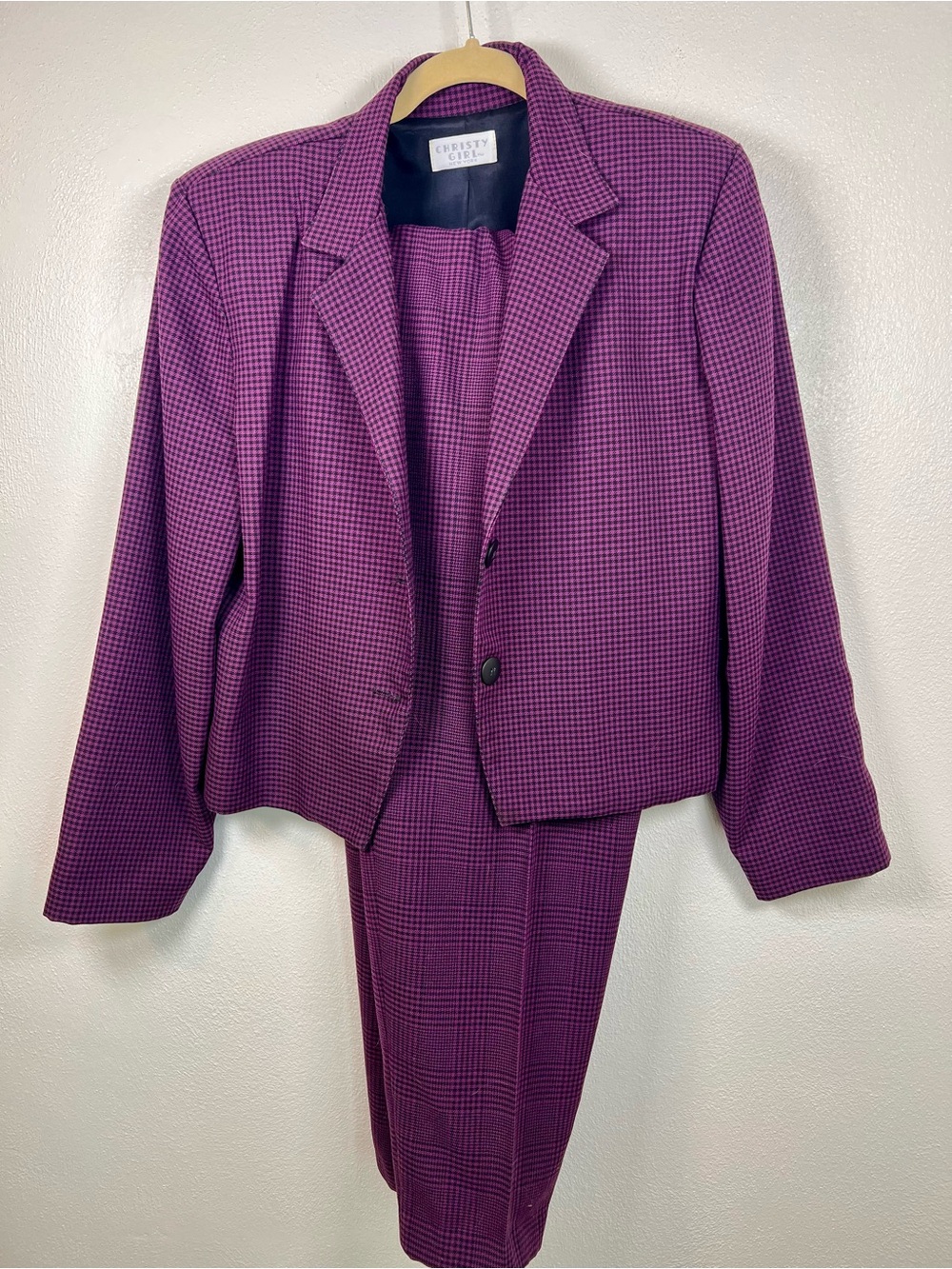 Vintage 80s Christy Girl Houndstooth Pant Suit Set Purple Black Cropped Blazer-8